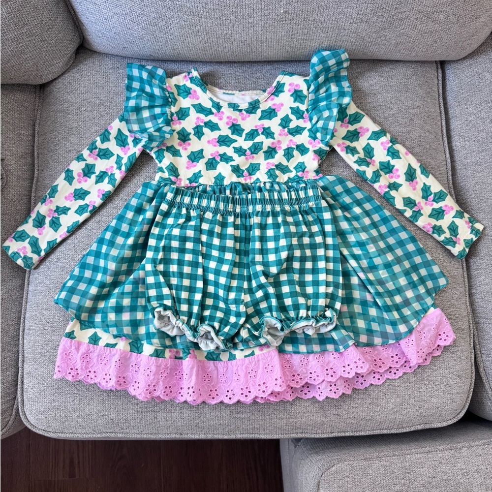 Holly Berry and Gingham Kids Christmas Dress